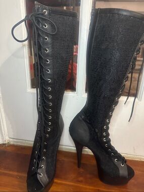 Pleaser Black Lace-Up Knee-High Stiletto Boots